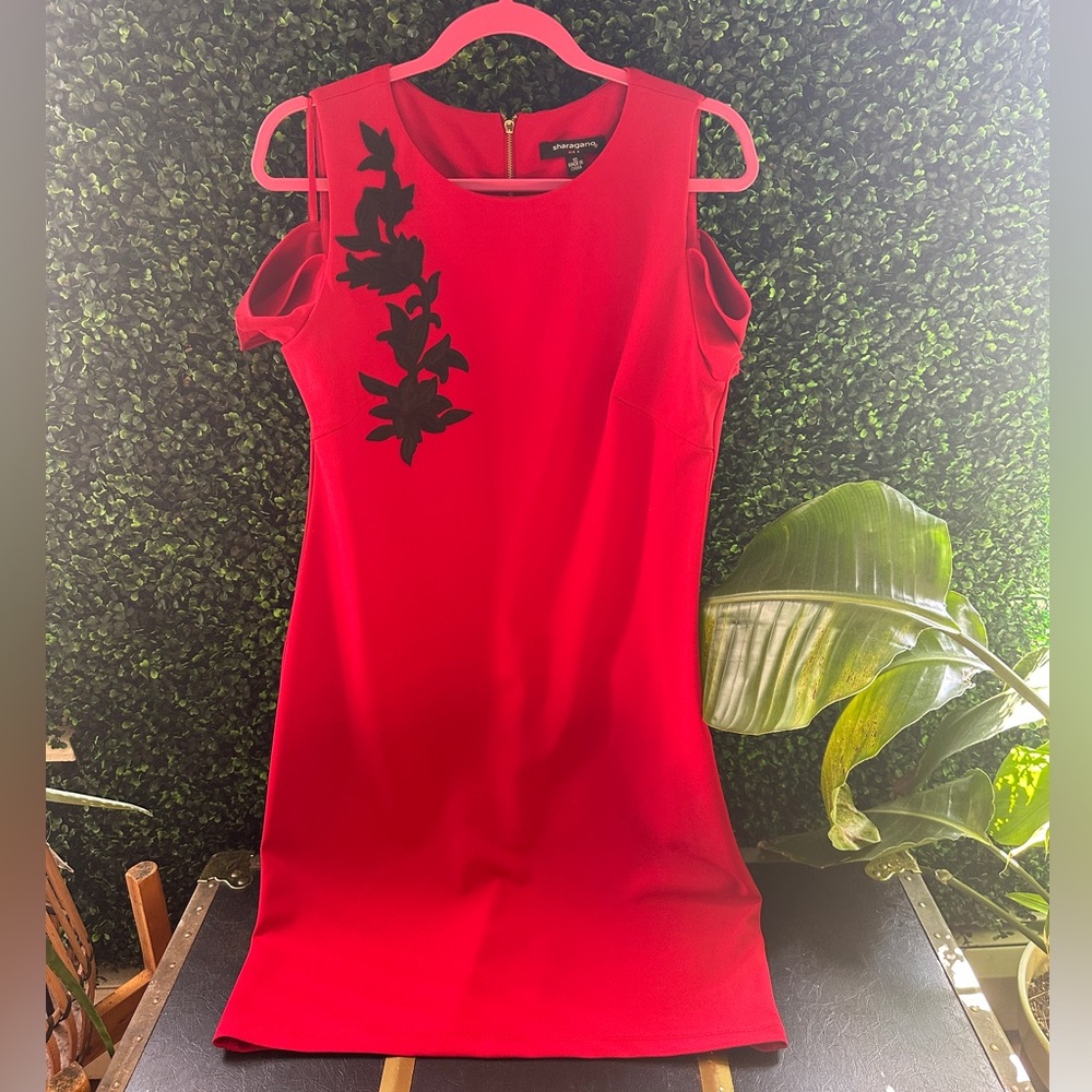 Sharagano Red Cold Shoulder Dress with Black Embroidery Detail